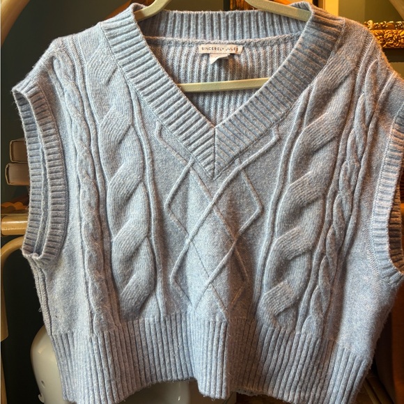 Sincerely Jules Soft Blue V-Neck Cable Knit Sweater Vest - Picture 1 of 4